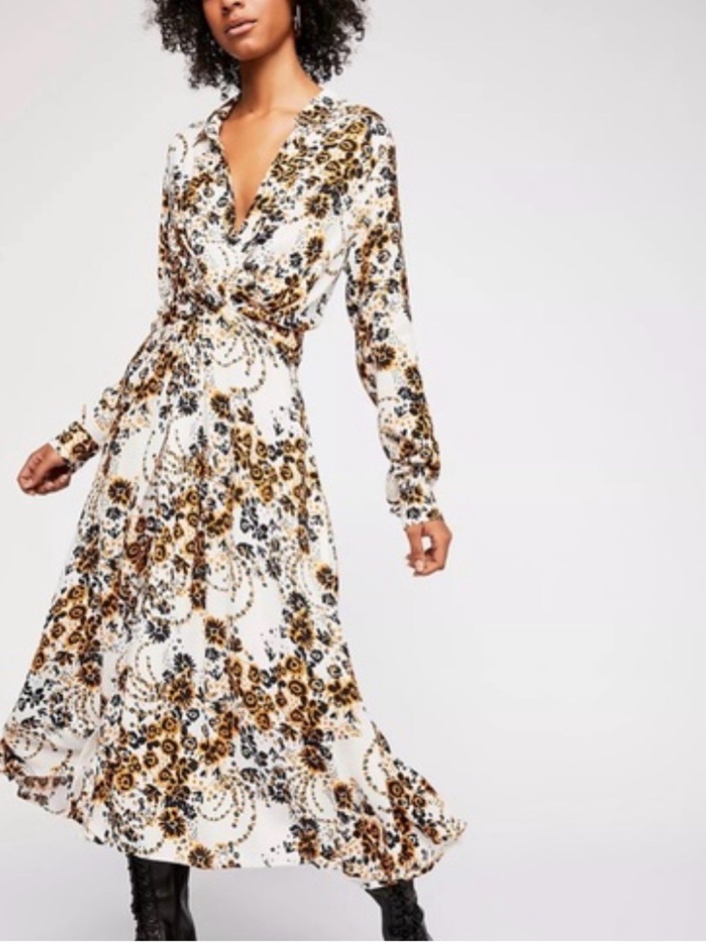 Free People- White Floral Long Sleeve Midi Dress